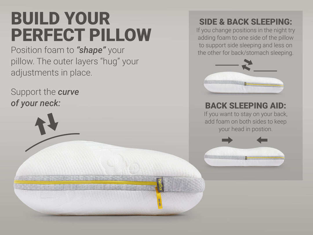 Twilla Pillow, Shapes, Best Custom Pillow for Neck Support, Pain Relief, Back and Side Sleepers.